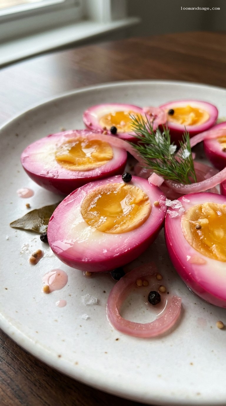 Beet-Cured Pickled Eggs With Onions and Spices – Closeup
