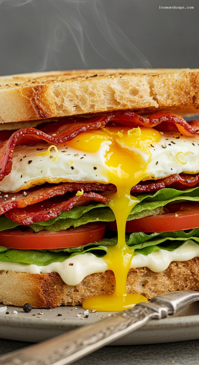 BELT Sandwich with Lemony Mayo on Sourdough – Closeup