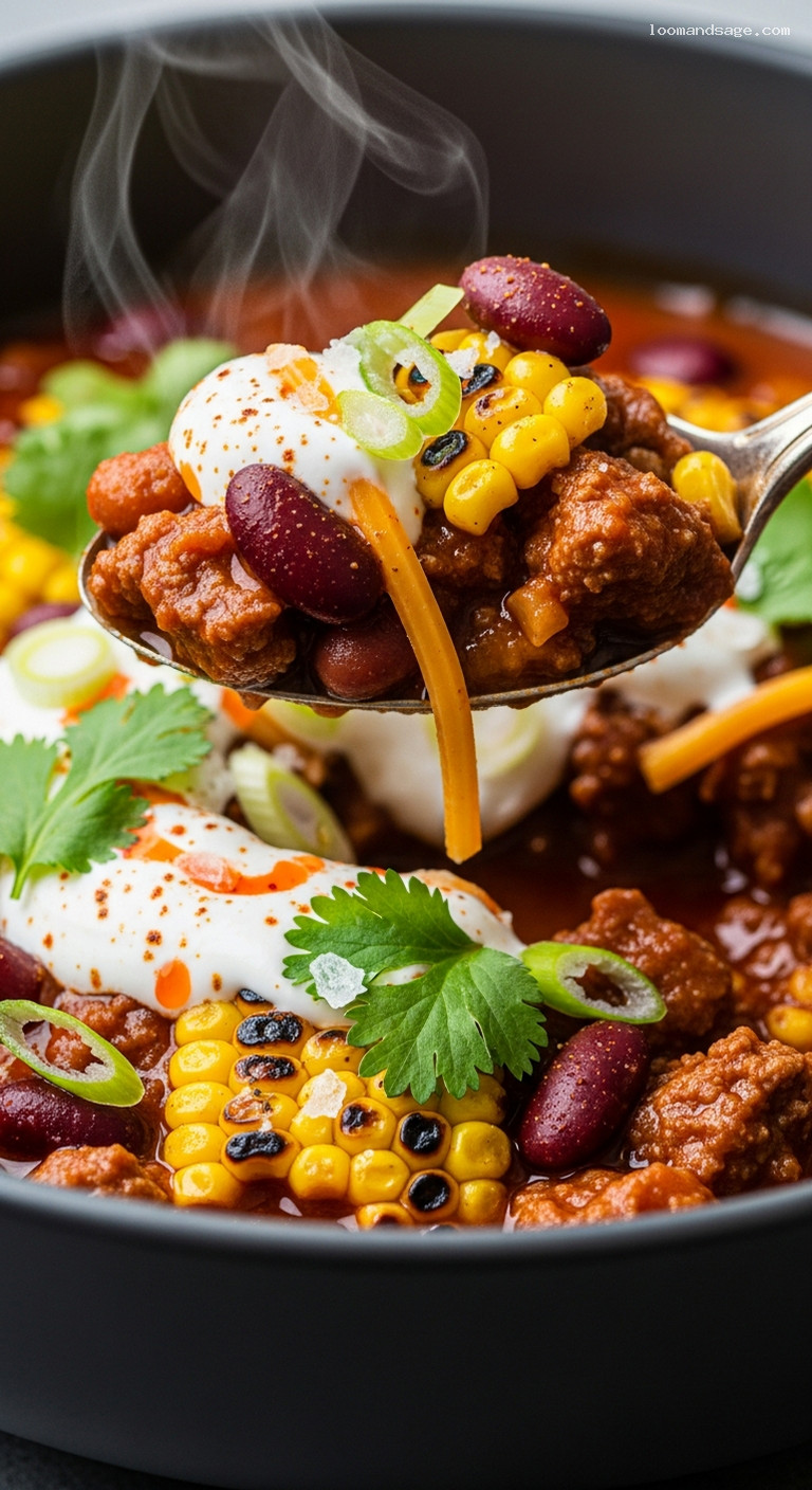 Bison and Roasted Corn Chili with Maple – Closeup