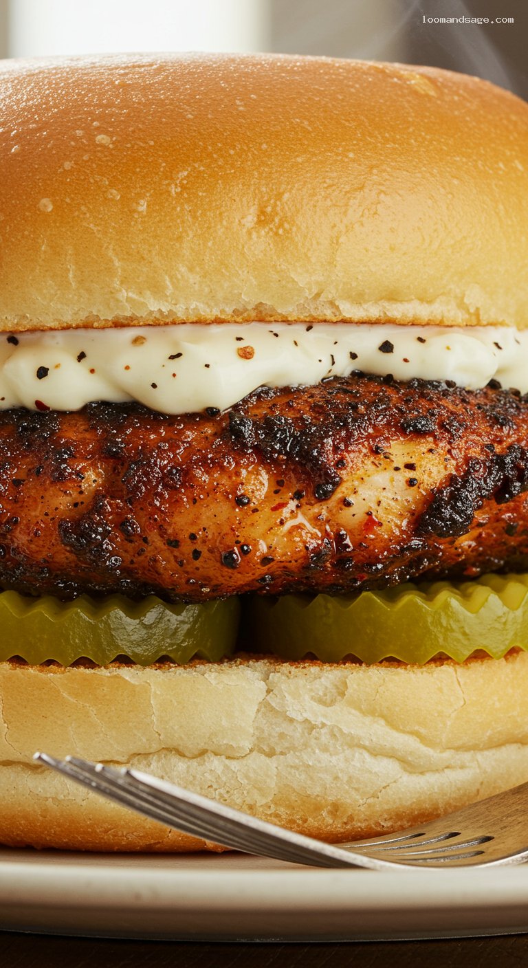 Blackened Chicken Sandwich with Pickles and Peppery Mayo – Closeup