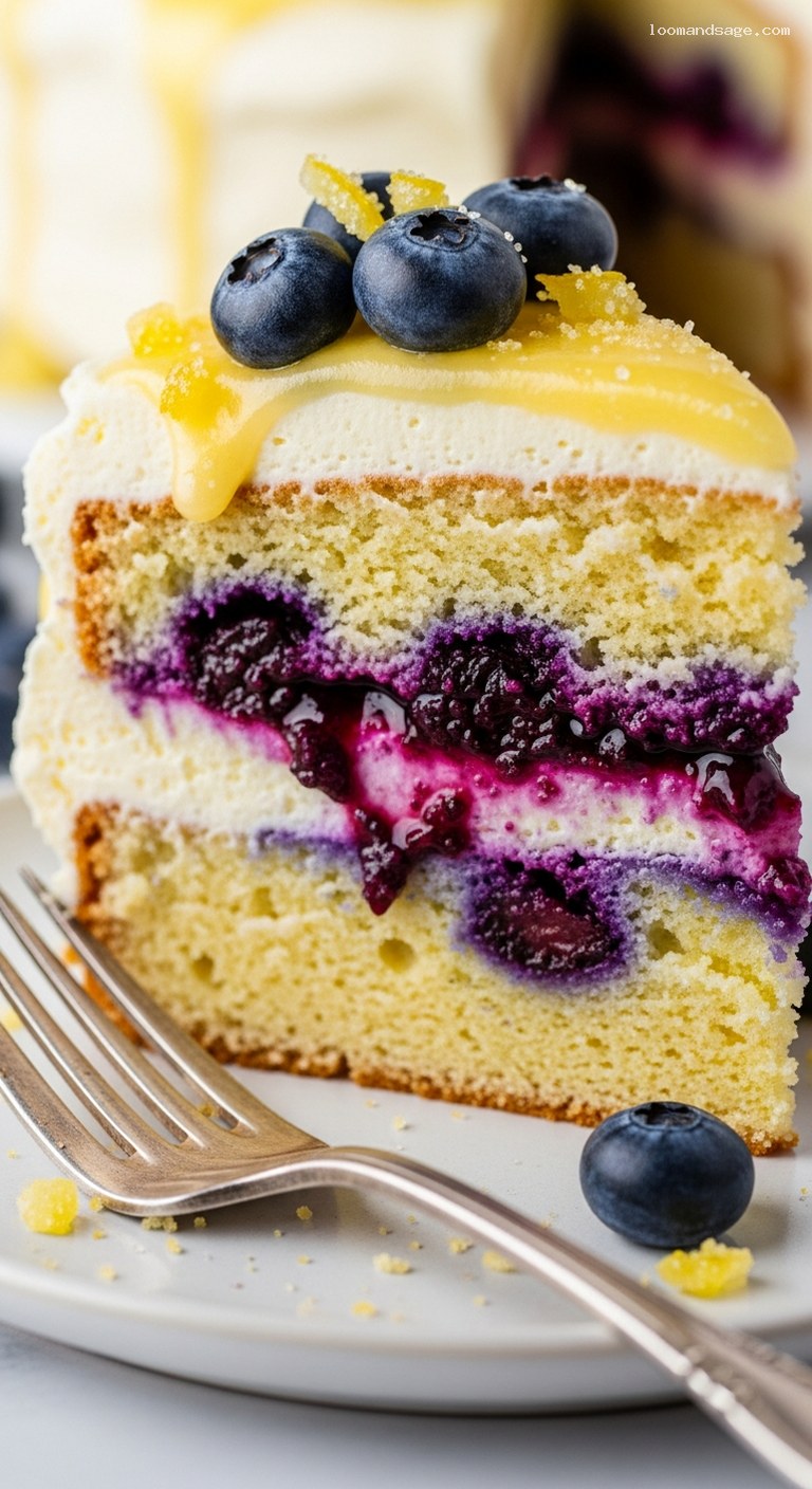 Blueberry Lemon Cream Cheese Cake with Lemon Glaze – Closeup