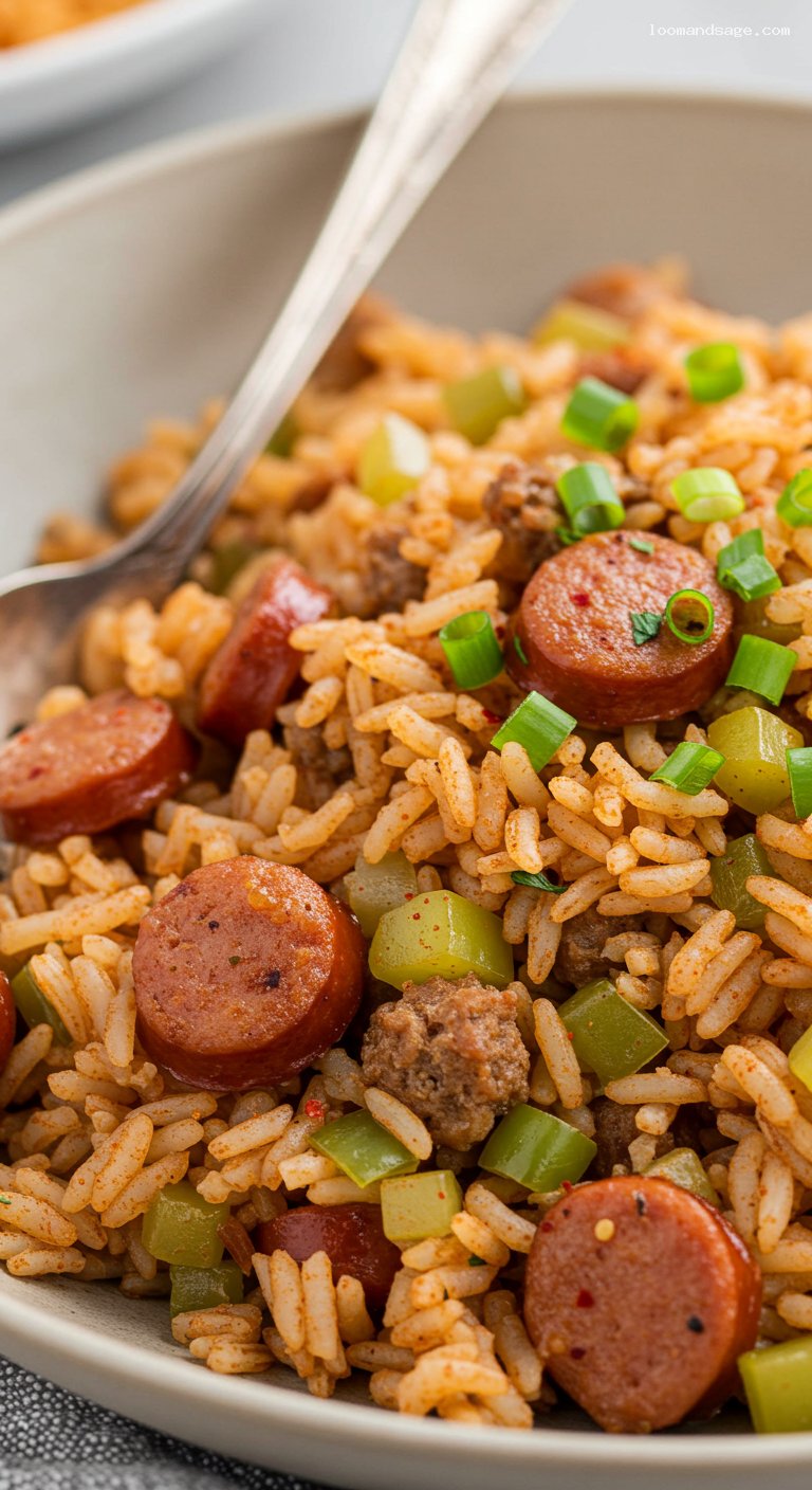 Bojangles-Style Dirty Rice with Sausage and Peppers – Closeup