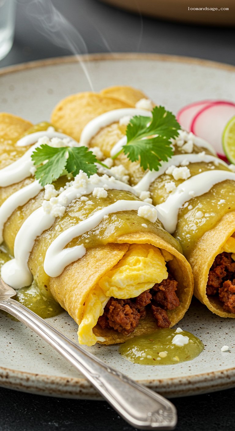 Breakfast Enchiladas Verdes with Eggs and Chorizo – Closeup
