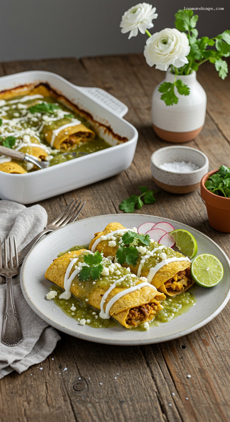 Breakfast Enchiladas Verdes with Eggs and Chorizo