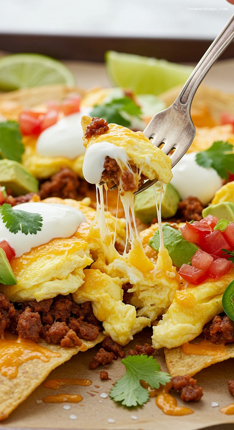 Breakfast Nachos with Soft Scrambled Eggs and Chorizo – Closeup