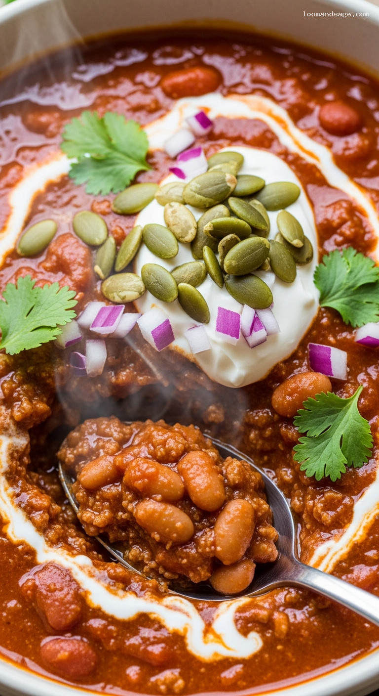 Brown Butter Pumpkin Seed Chili With Pinto Beans – Closeup