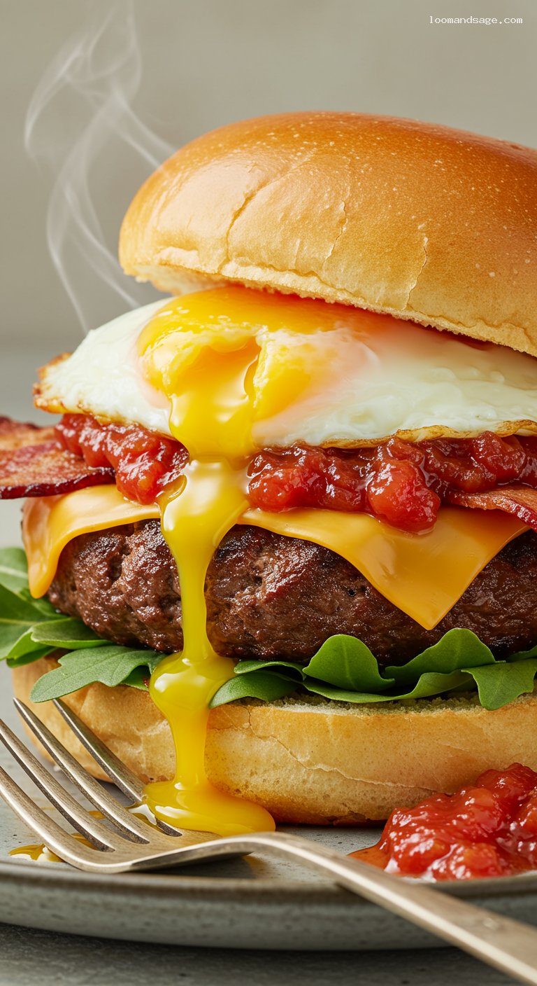 Brunch Burger with Fried Egg, Bacon, and Tomato Jam – Closeup