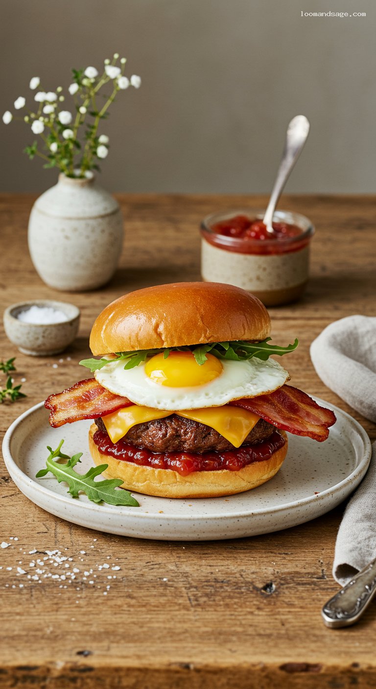 Brunch Burger with Fried Egg, Bacon, and Tomato Jam