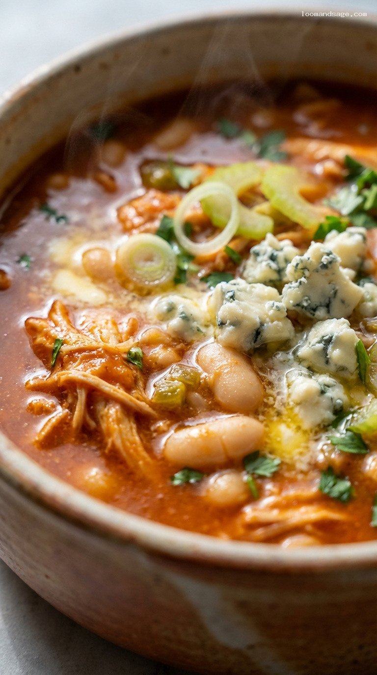 Buffalo Chicken Chili with Blue Cheese Crumbles – Closeup