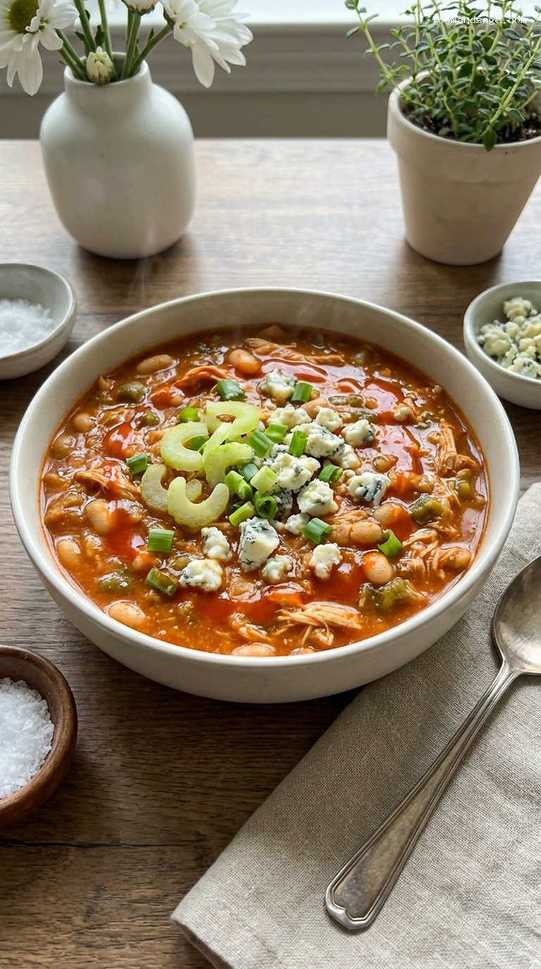 Buffalo Chicken Chili with Blue Cheese Crumbles