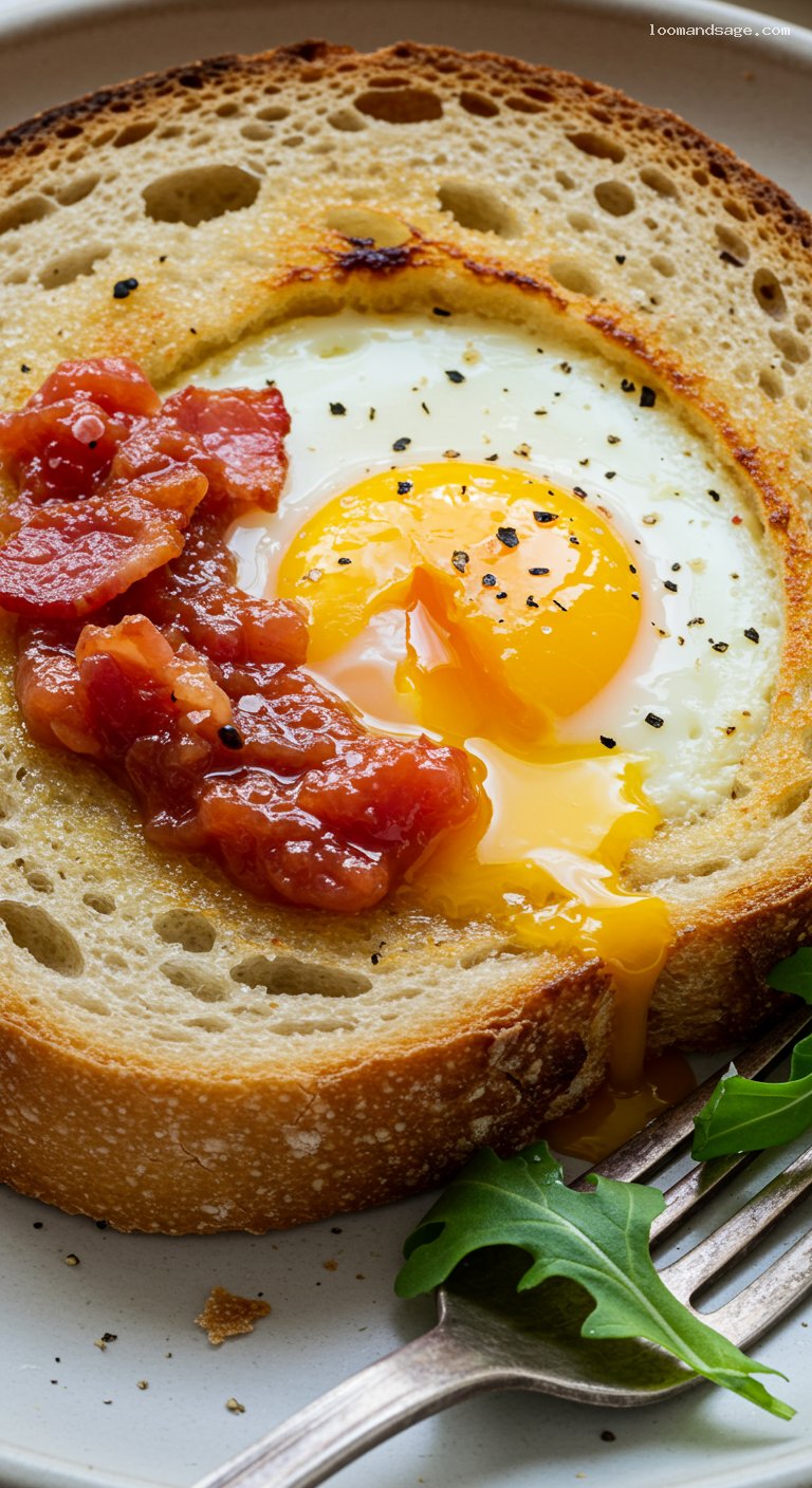 Butter-Fried Sourdough Egg-in-a-Hole with Bacon-Tomato Jam – Closeup