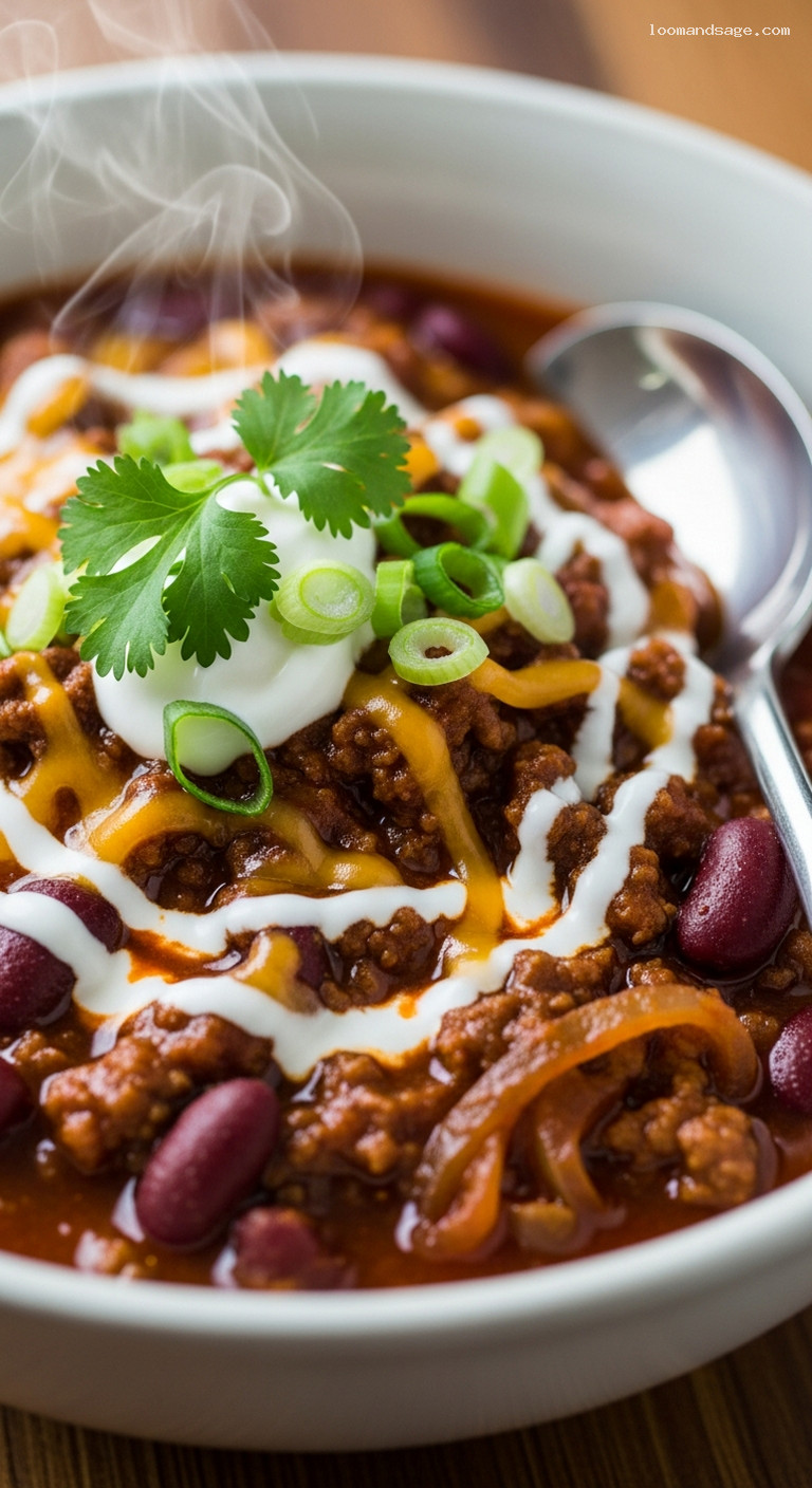 Caramelized Onion and Ale Chili with Beef and Beans – Closeup