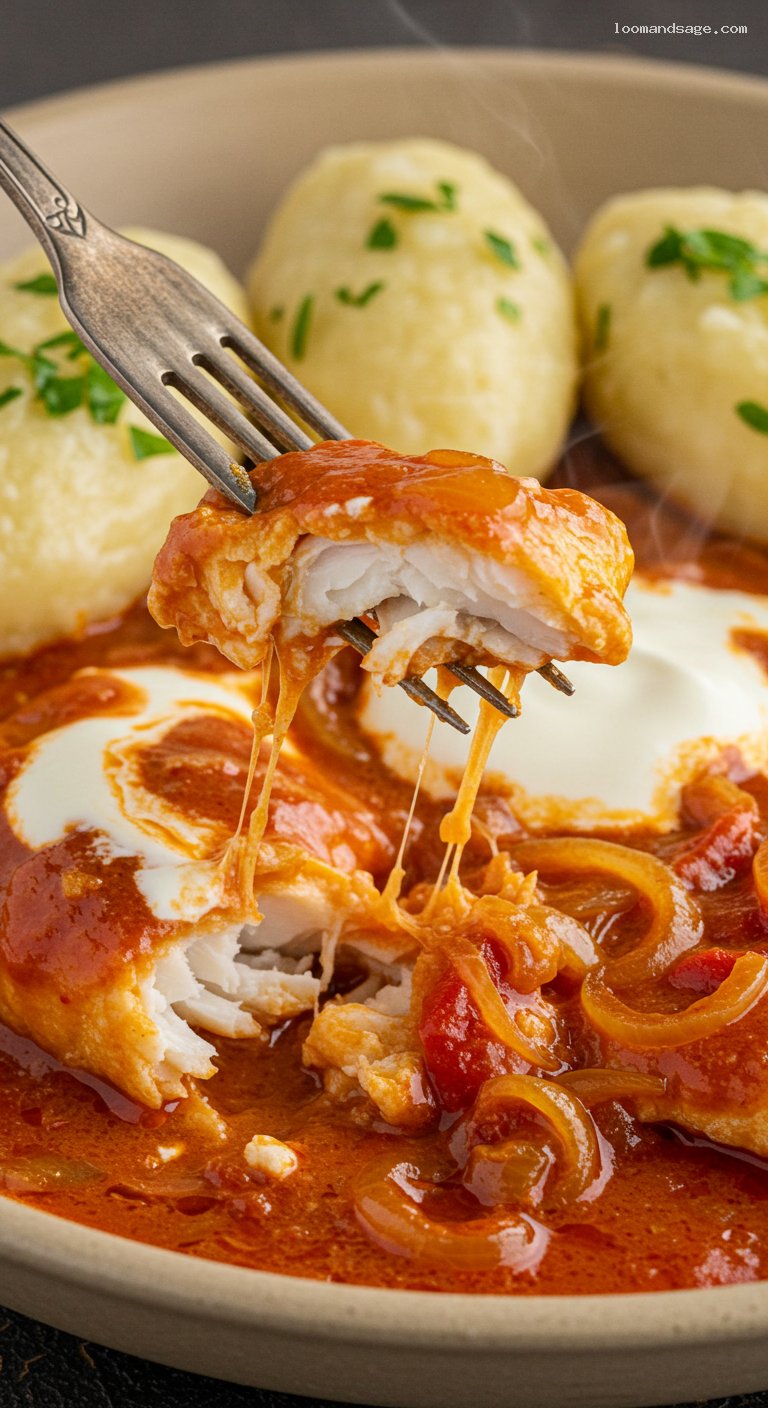 Catfish Paprikash with Nokedli Dumplings – Closeup