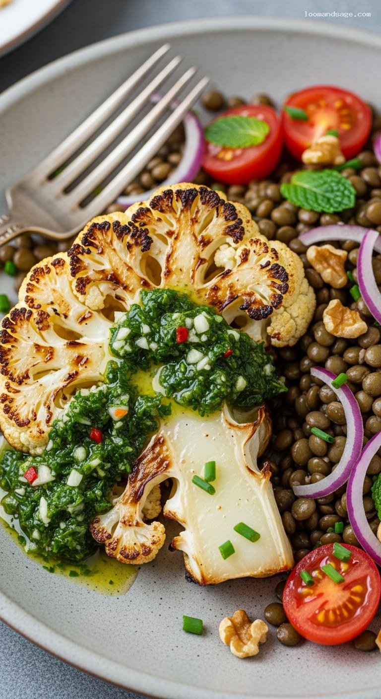 Cauliflower Steaks with Chimichurri and Warm Lentil Salad – Closeup