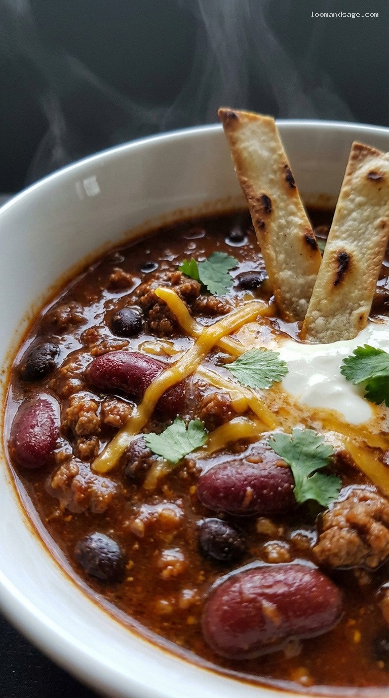 Charred Corn Tortilla Chili with Beef or Turkey – Closeup