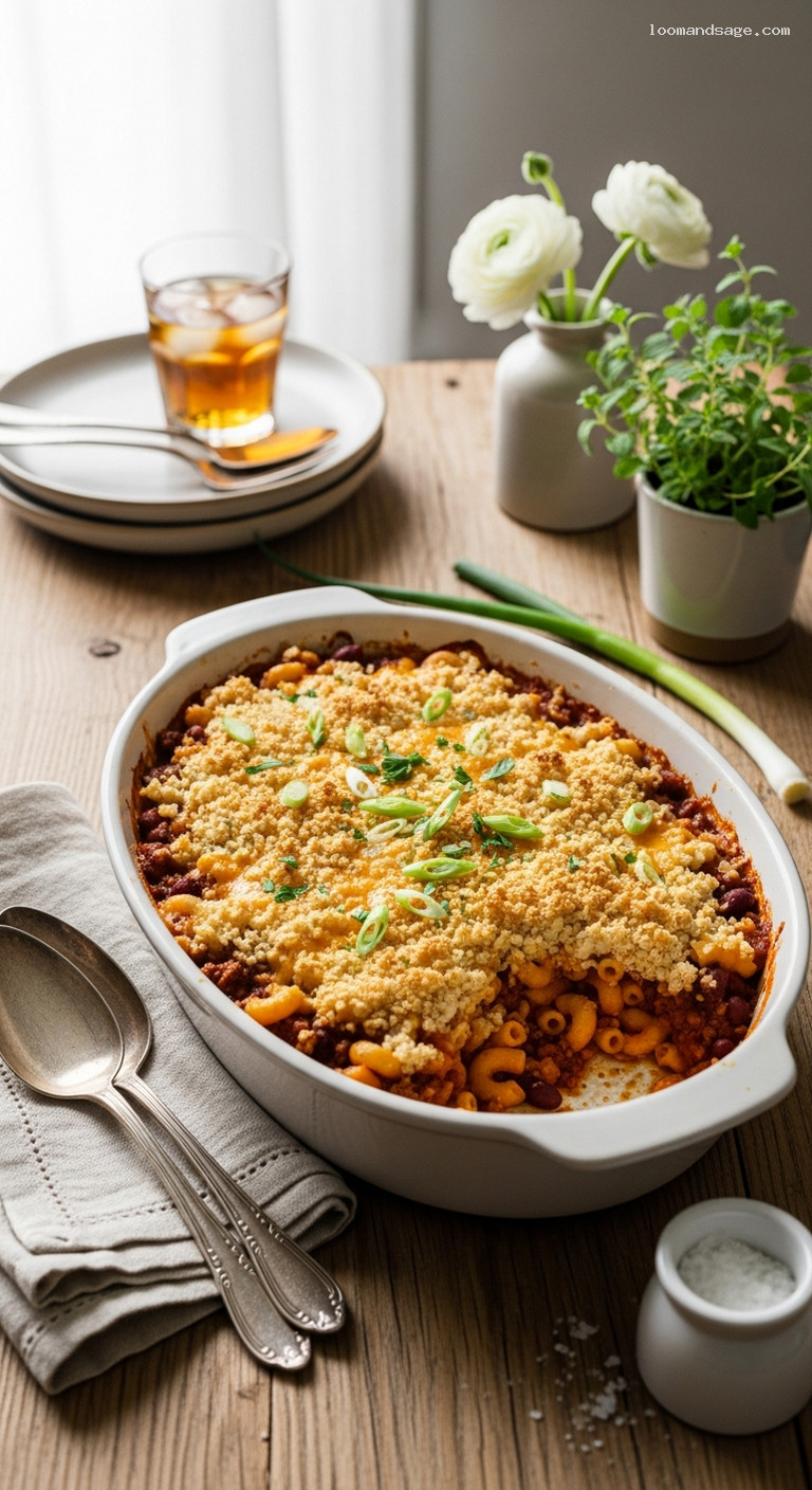 Cheesy Chili Mac Casserole with Crunchy Topping