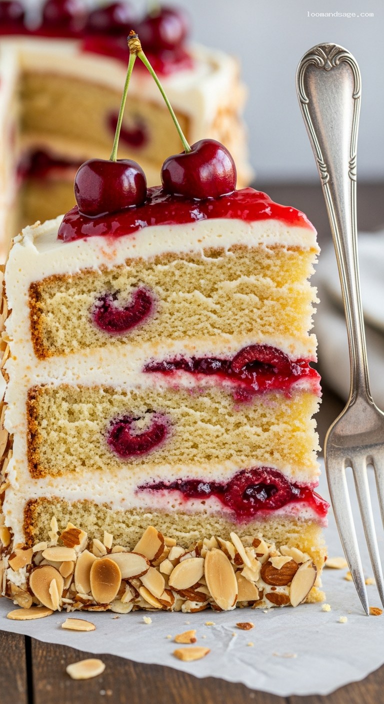 Cherry Almond Layer Cake with Almond Buttercream – Closeup