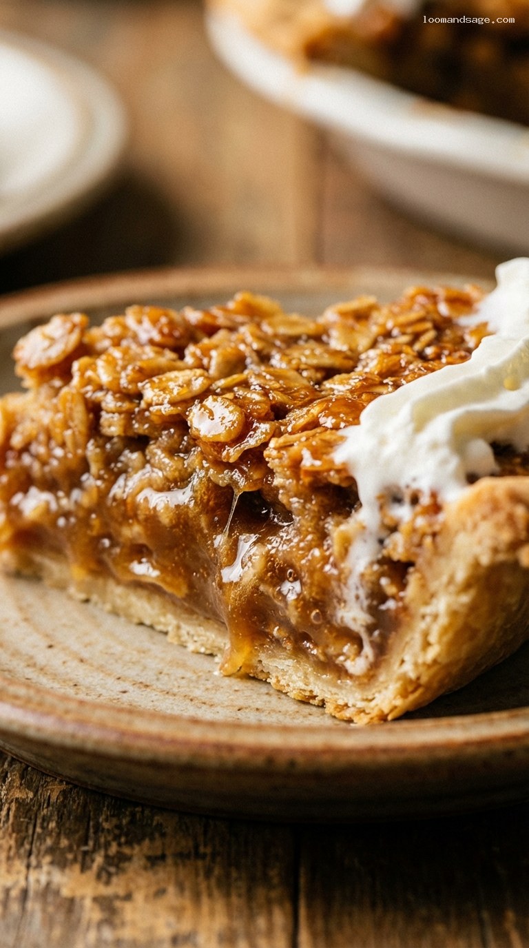 Chewy Amish Oatmeal Pie With Gooey Toffee Filling – Closeup