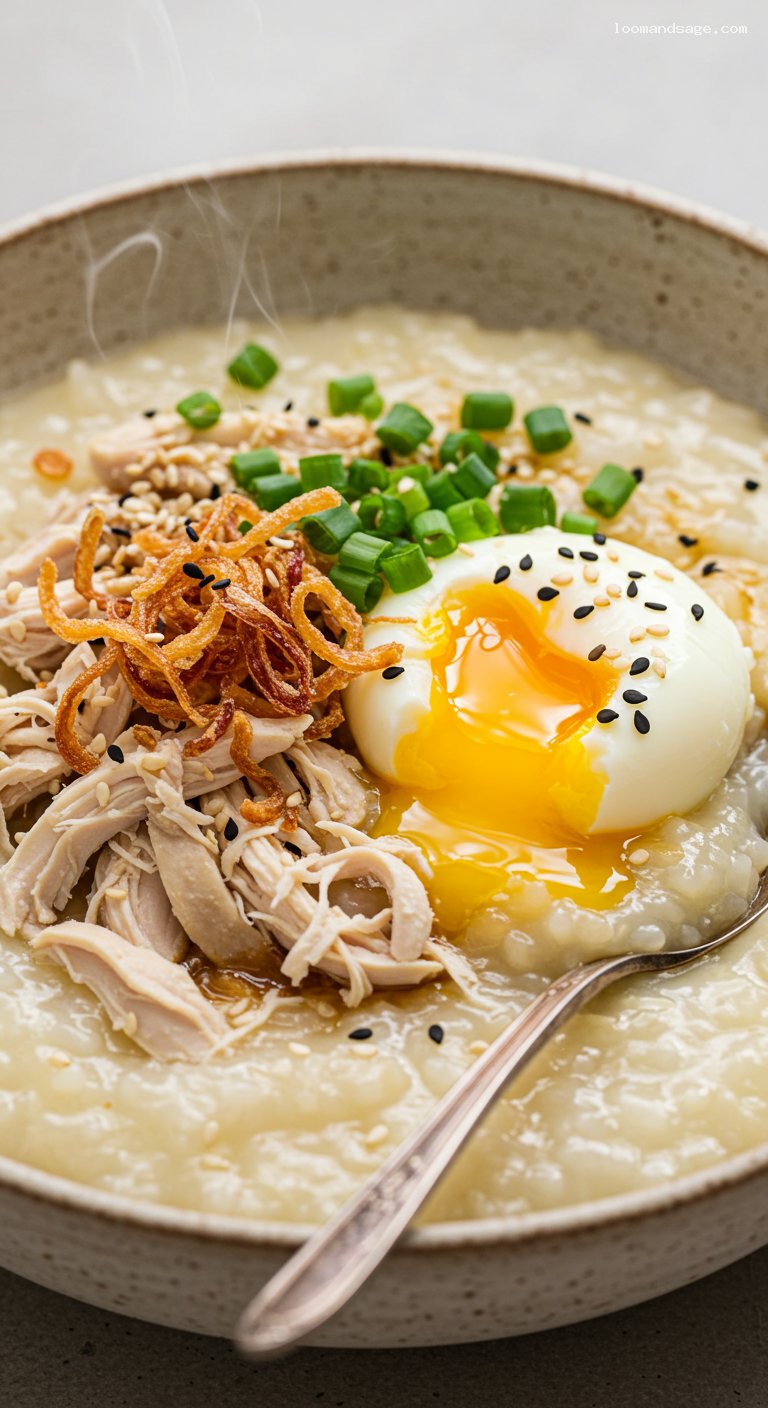 Chicken-Ginger Congee with Scallions and Soft Egg – Closeup