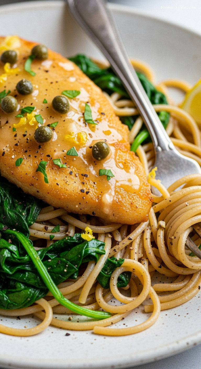 Chicken Piccata with Whole-Wheat Pasta and Spinach – Closeup