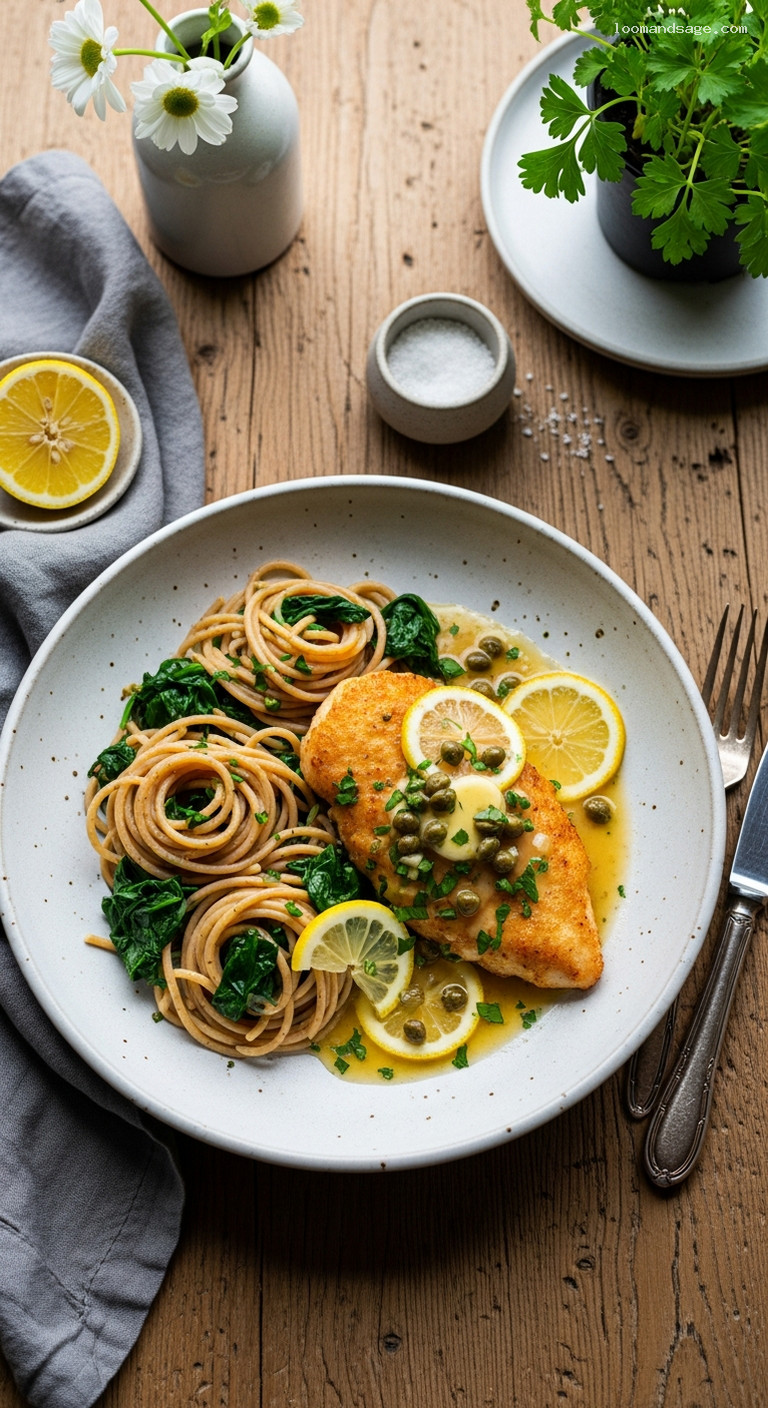 Chicken Piccata with Whole-Wheat Pasta and Spinach
