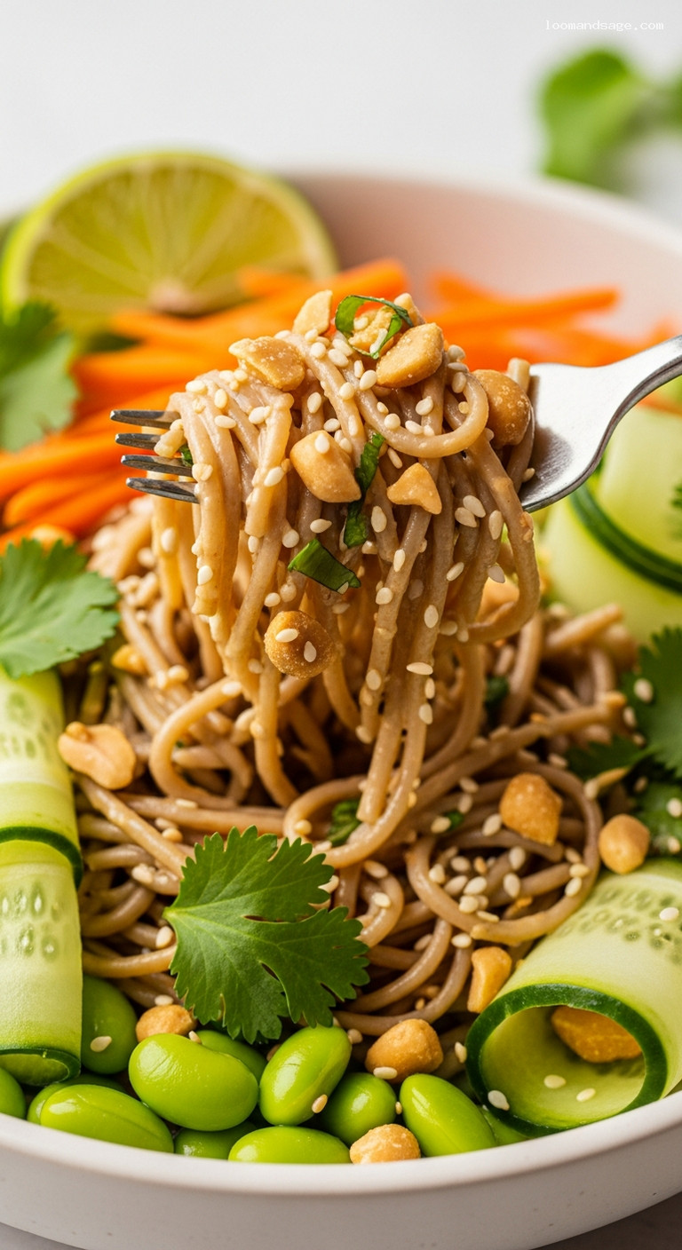 Chilled Peanut-Sesame Soba Noodle Salad with Edamame – Closeup