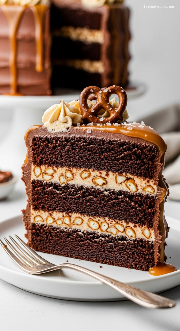 Chocolate Caramel Pretzel Cake with Salted Caramel Drizzle – Closeup