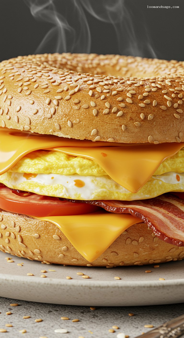Classic Bacon, Egg, and Cheese Bagel Sandwich – Closeup