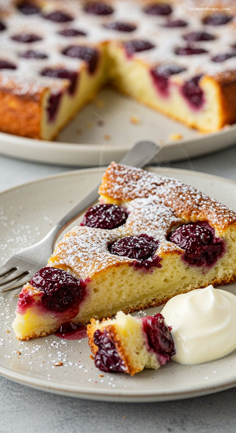 Classic Cherry Clafoutis with Rum and Powdered Sugar – Closeup