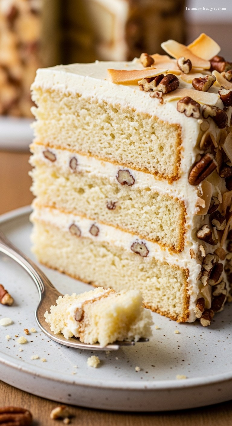 Classic Italian Cream Cake With Coconut and Pecans – Closeup