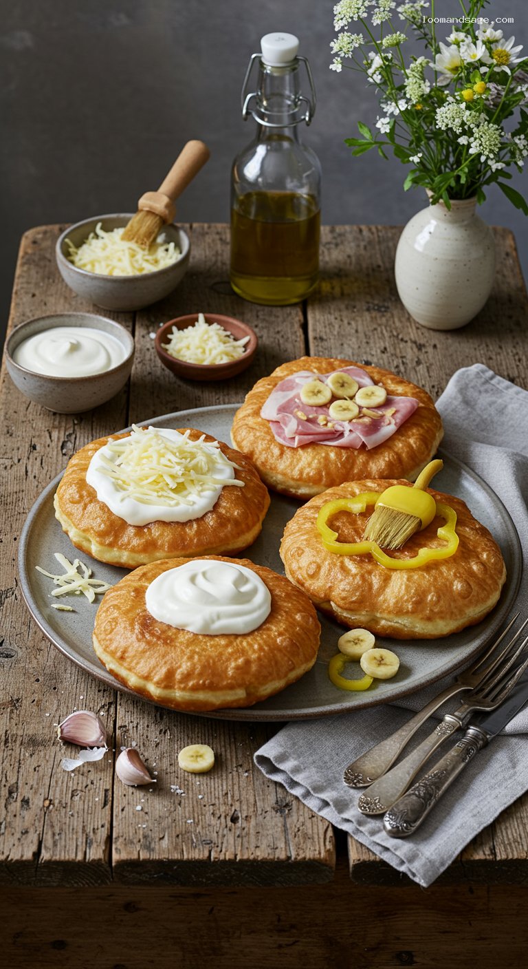 Classic Lángos with Garlic Oil, Sour Cream, and Cheese