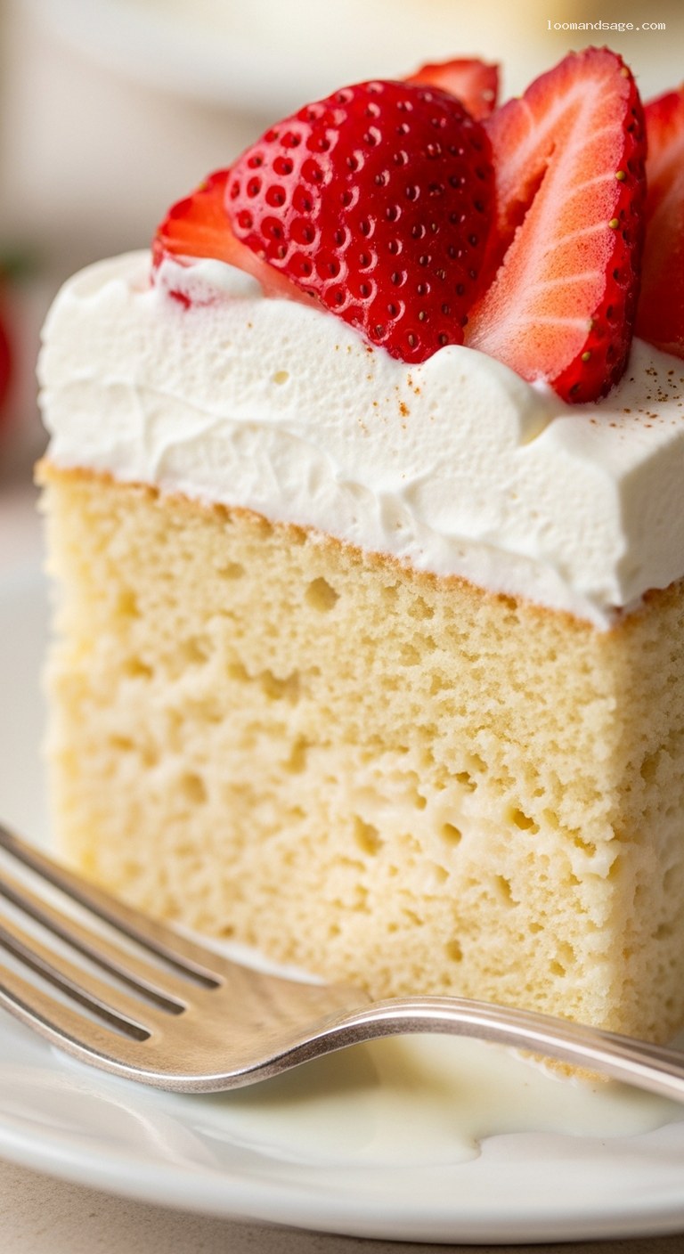 Classic Tres Leches Cake With Whipped Cream and Strawberries – Closeup