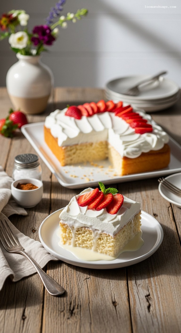 Classic Tres Leches Cake With Whipped Cream and Strawberries
