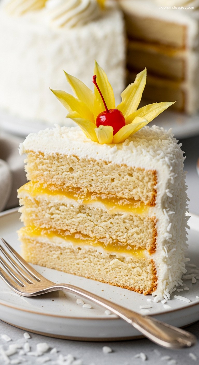 Coconut Pineapple Tropical Cake with Coconut Cream Frosting – Closeup