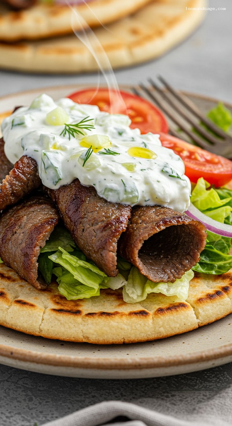 Copycat Arby’s Greek Gyro with Tzatziki – Closeup