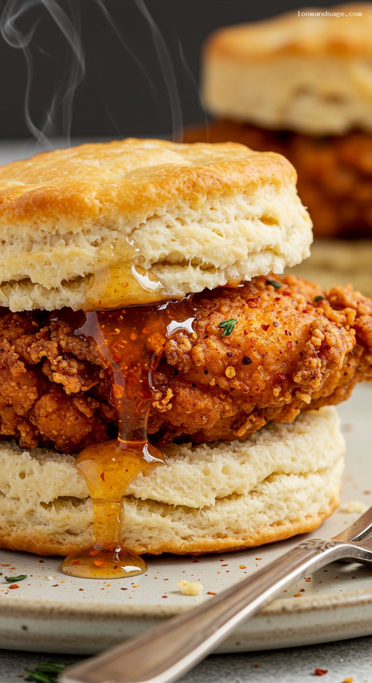 Copycat Bojangles Cajun Chicken Biscuit with Honey – Closeup