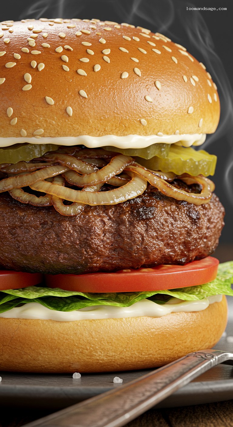 Copycat Habit Charburger with Caramelized Onions – Closeup