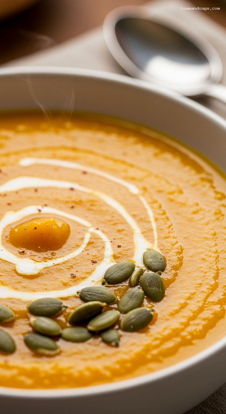 Copycat Panera Autumn Squash Soup with Pepitas – Closeup
