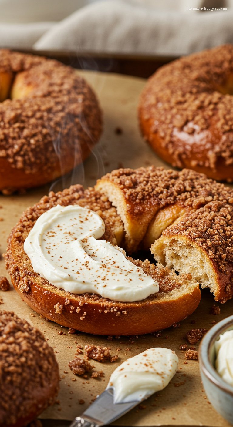 Copycat Panera Cinnamon Crunch Bagels with Sweet Cream Cheese – Closeup