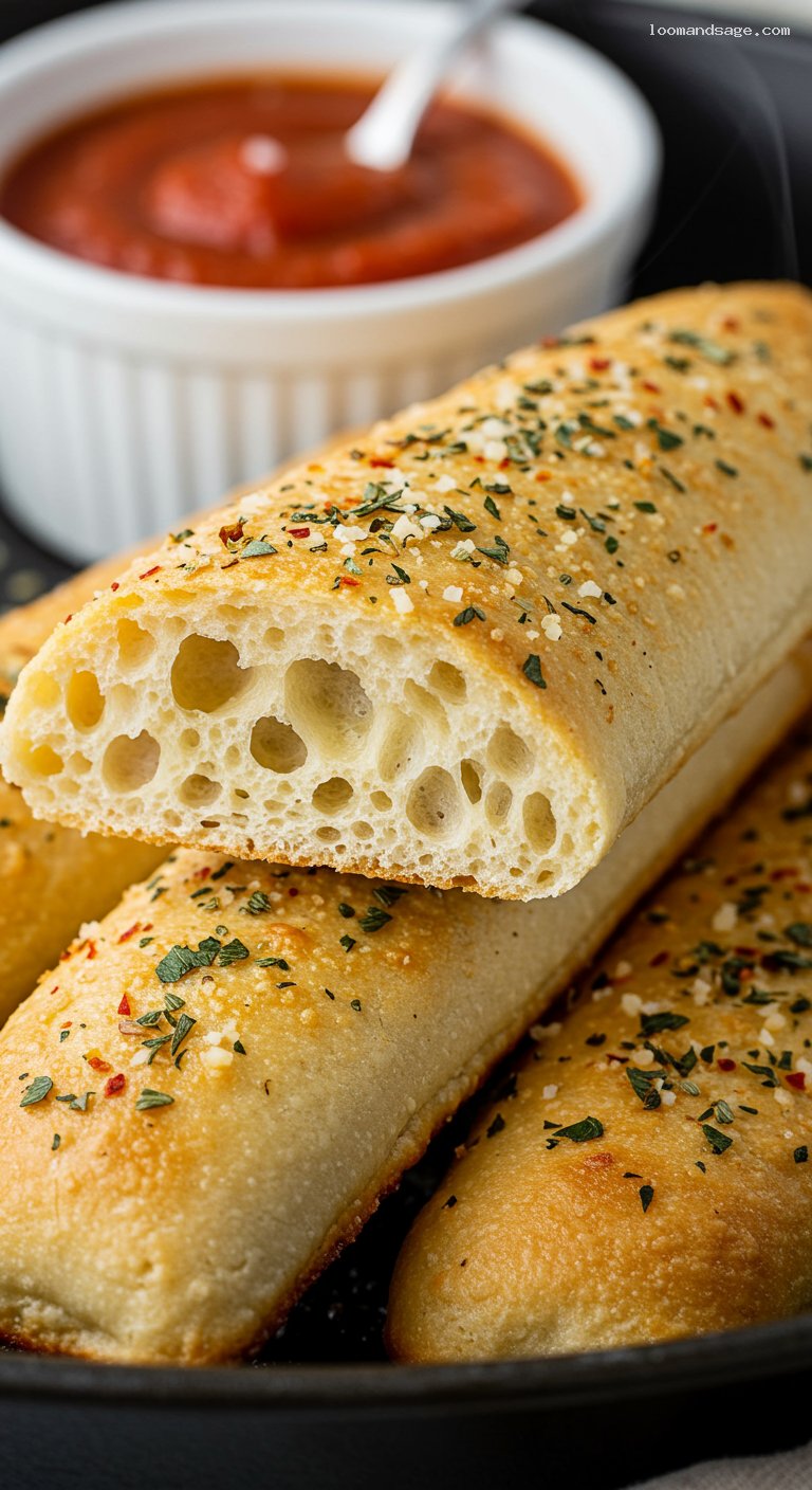Copycat Pizza Hut Breadsticks with Garlic Butter and Sauce – Closeup