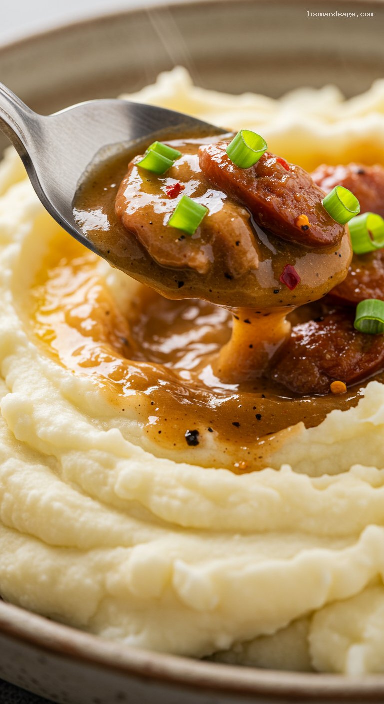 Copycat Popeyes Mashed Potatoes with Cajun Gravy – Closeup