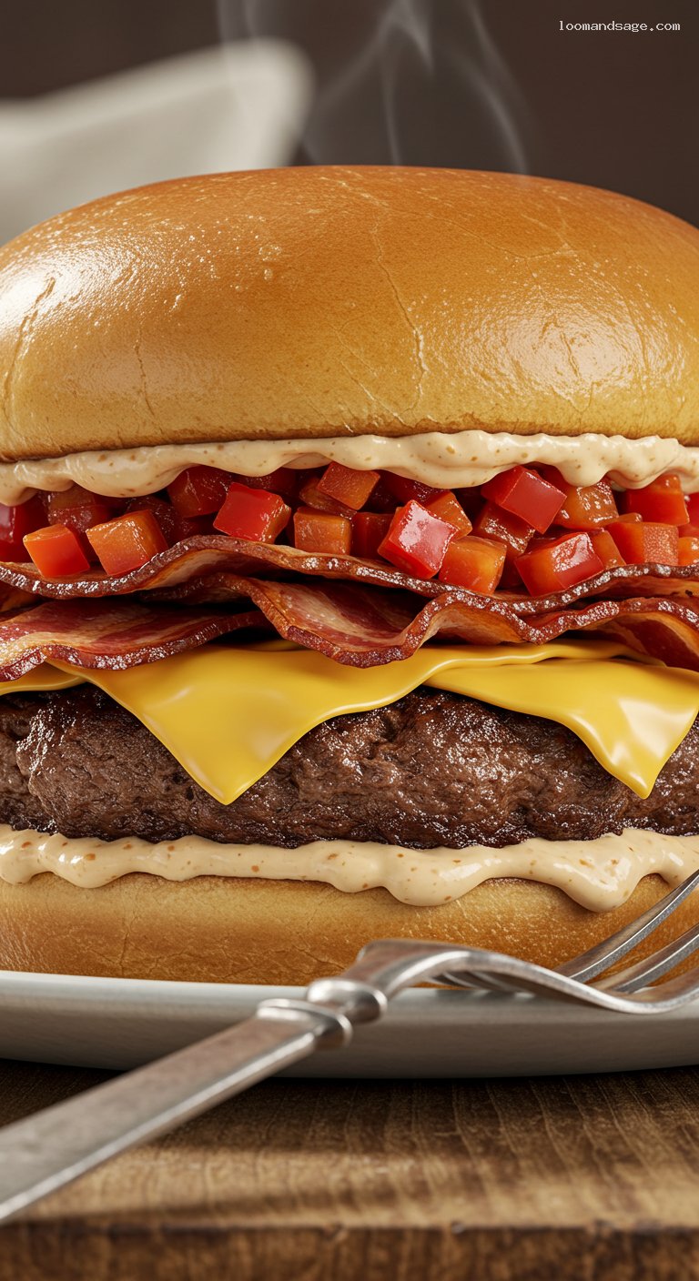 Copycat SmokeShack Burger with ShackSauce and Bacon – Closeup