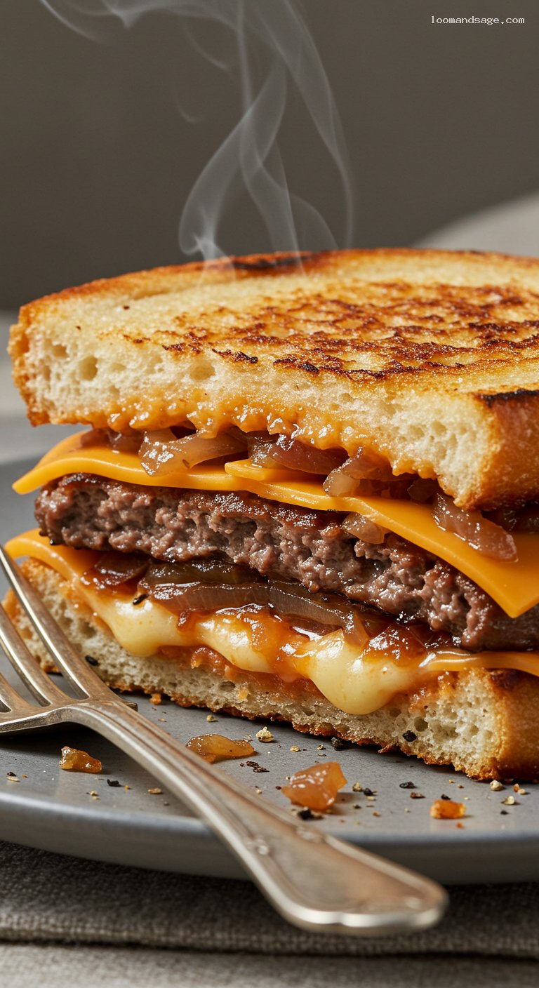 Copycat Steak ’n Shake Frisco Melt with Caramelized Onions – Closeup