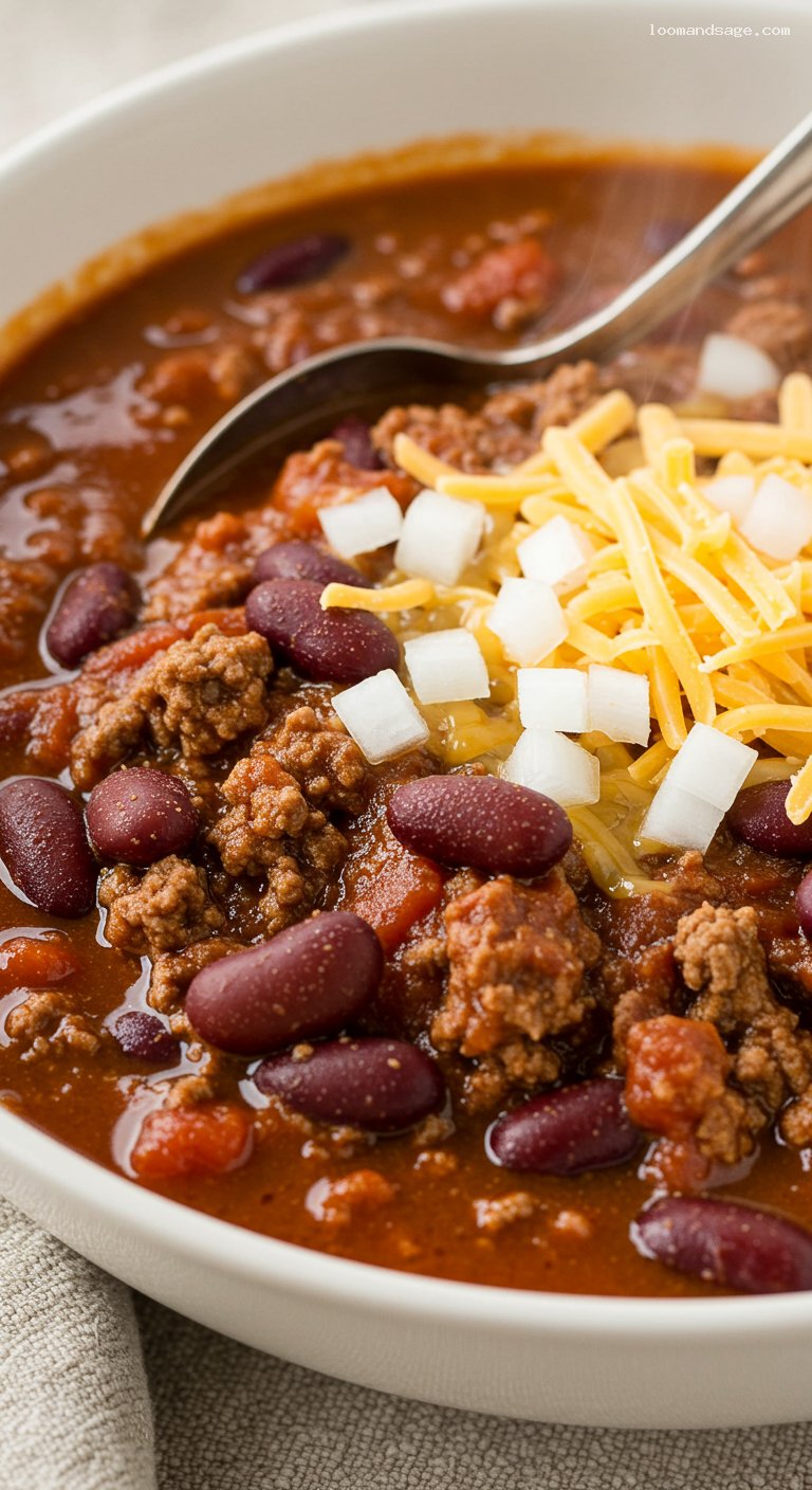 Copycat Wendy’s Chili with Beef and Beans – Closeup