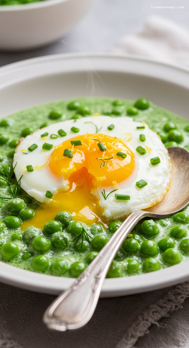 Creamed Green Pea Stew with Dill and Soft-Fried Egg – Closeup