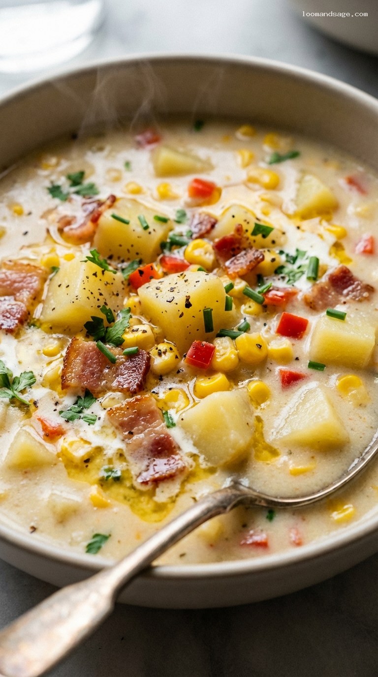 Creamy Bacon and Potato Corn Chowder – Closeup
