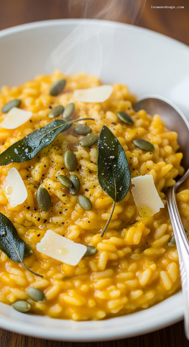 Creamy Butternut Squash Risotto with Sage and Pepitas – Closeup