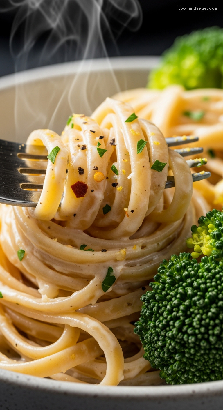 Creamy Cauliflower Alfredo with Broccoli and Whole-Wheat Pasta – Closeup
