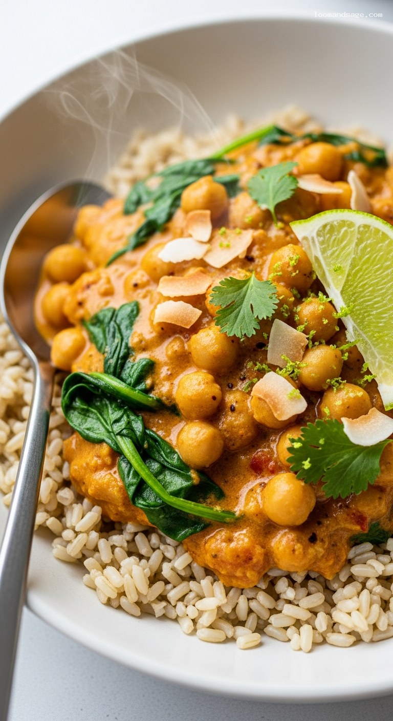 Creamy Coconut Chickpea Curry with Spinach and Lime – Closeup