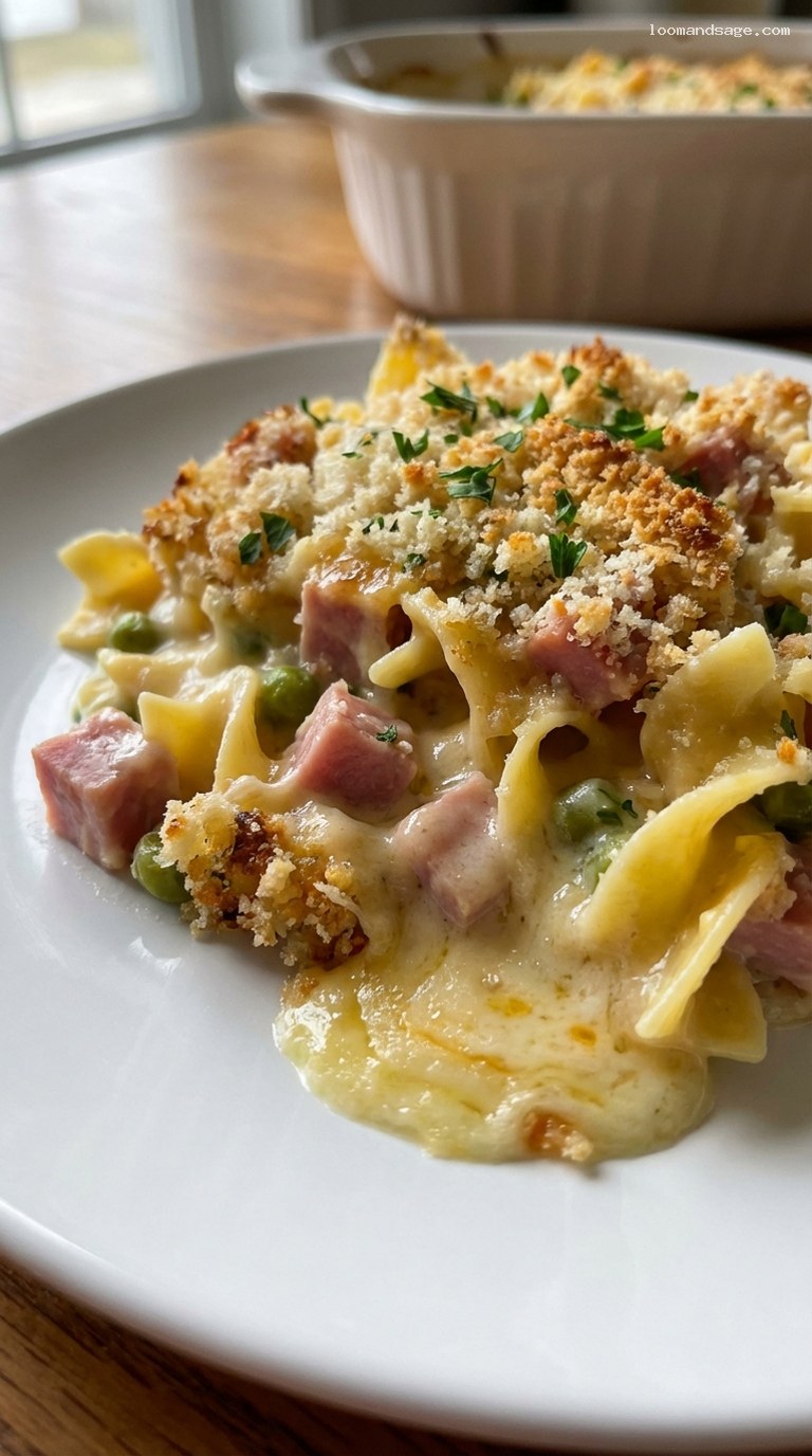 Creamy Ham and Noodle Casserole with Peas – Closeup